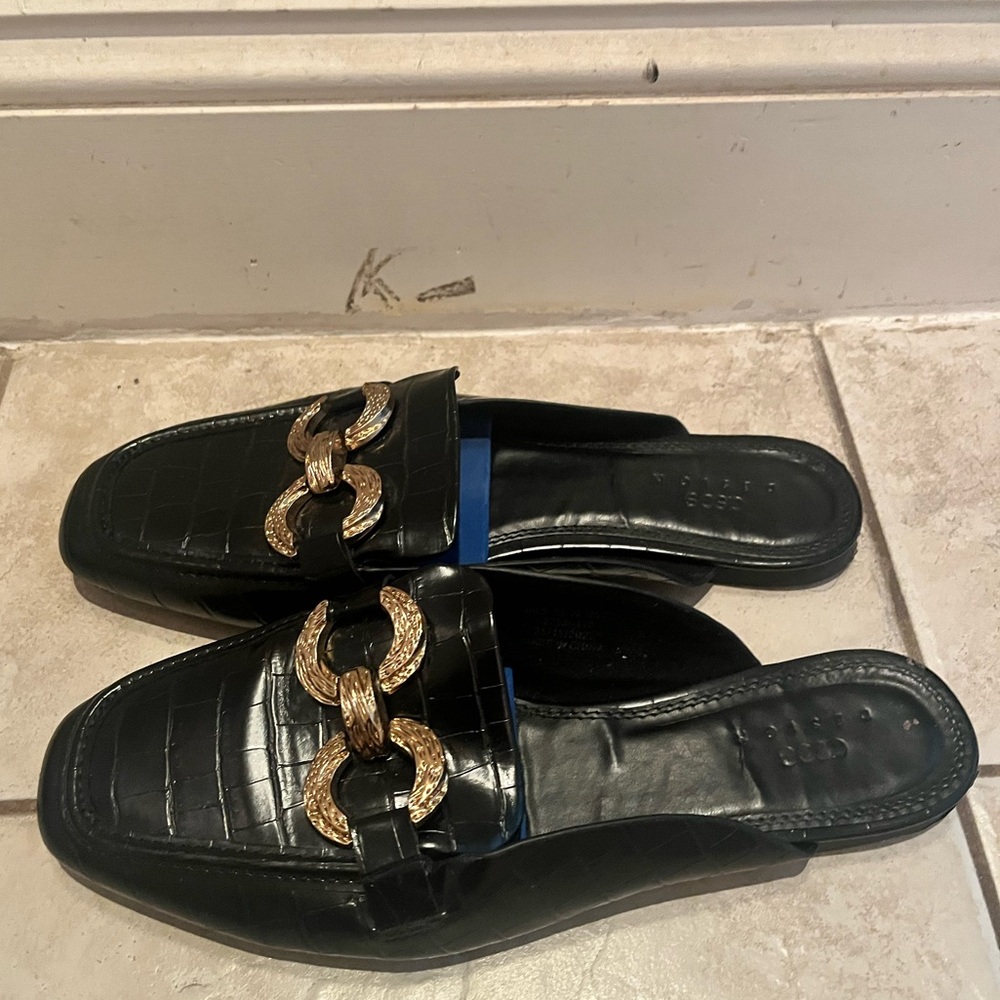 Black Leather Mules with Gold Chain Detail
